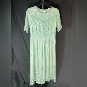 Polagram Pistachio Lacey Embroidered Maxi Dress. Fairy, Cottage, Whimsy Boho,
